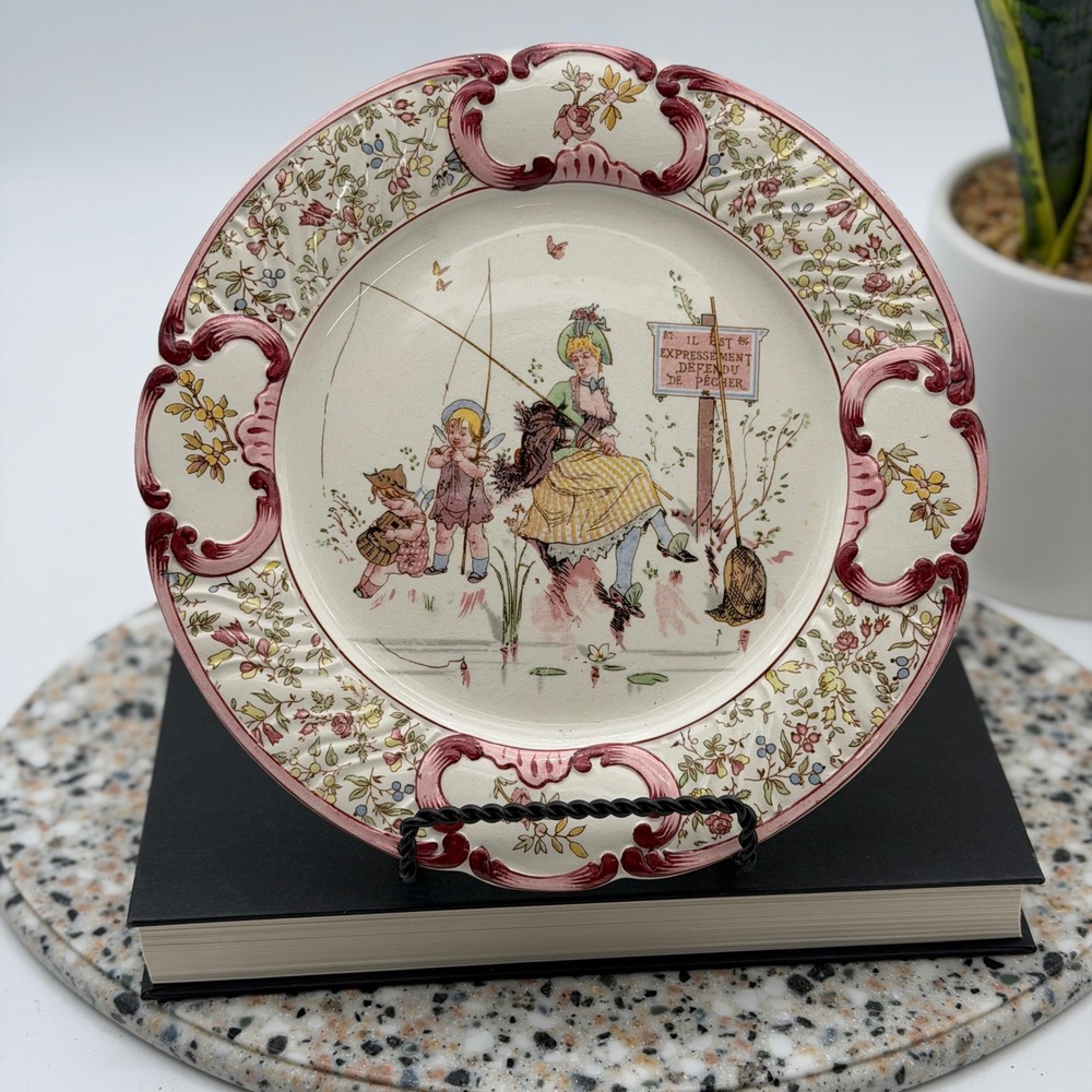 Antique Sarreguemines French Plate c 1900 French Fishing Scene Pink Earthenware